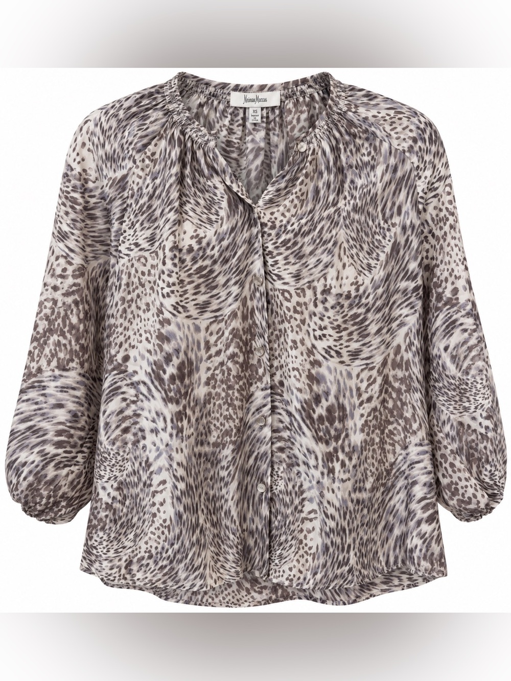 Neiman Marcus 100% will grey animal print button down top, XS